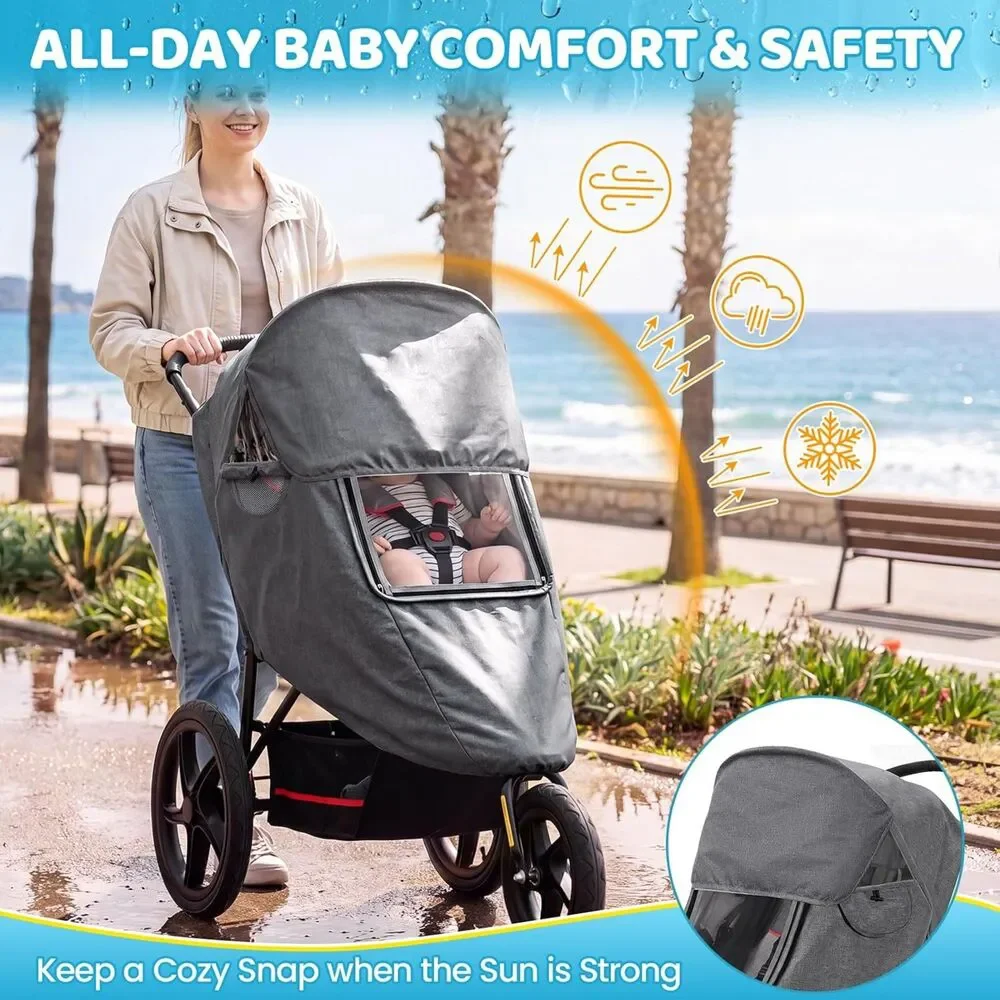 Universal Stroller Rain Wind Snow Cover Gray Sunshade Ventilation Weather Shield